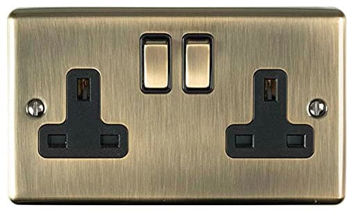2 Gang Double/Twin Switched UK Plug Socket –ANTIQUE BRASS (DARK METAL) & Black Trim– Mains 240V 13A DP/Double Pole – Decorative Kitchen/Interior Wall Face Plate Power Outlet