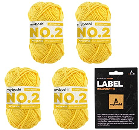 myboshi No.2 inkl. Label, Baumwolle zum Häkeln und Stricken, für Baby und Amigurumi, vegan, 60 Grad waschbar, 50g, Ll 100m Gelb (Löwenzahn), 4 Knäuel
