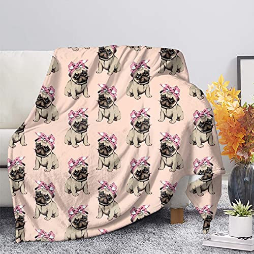 HUGS IDEA Dromlife Decke mit Mops-Motiv, für Welpenliebhaber, einfache Größe und volle Größe, niedliche rosa gepunktete Schleifen, lustige Überwürfe für Zuhause, 3XL