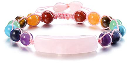 GEHECRST Schmuck 7 Chakra Armband Mit Herz Anhänger - Glücksarmband Steine, Yoga, Rosenquarz Geflochten Einstellbar - Healing Reiki Energietherapie Glückbringen