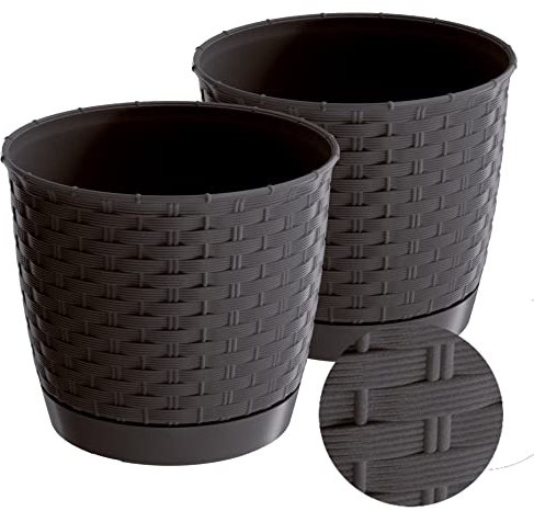 Tymar Blumentopf mit Untersetzer, 2er Set, Übertopf aus Kunststoff, Runde Rattan-Optik RR01 (Braun, ø 22 cm)