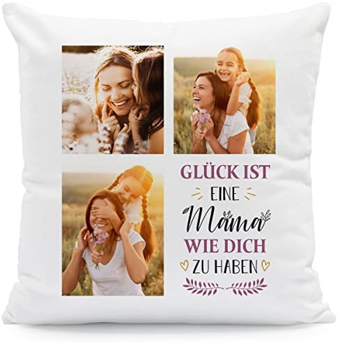 GRAVURZEILE Bedrucktes Kissen mit Spruch - Glück ist eine Mama wie Dich zu haben & eigenen Fotos - Herzliche Geschenke - Geschenk für Mama Mutter zum Muttertag Geburtstag Weihnachten - mit Füllung