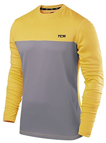 TCA Element Sport Langarmshirt Herren - Funktionsshirt mit Rundhalsausschnitt - Laufshirt Running Shirt atmungsaktiv - Langarm Sportshirt - Sport Oberteil - Grau/Gelb, M