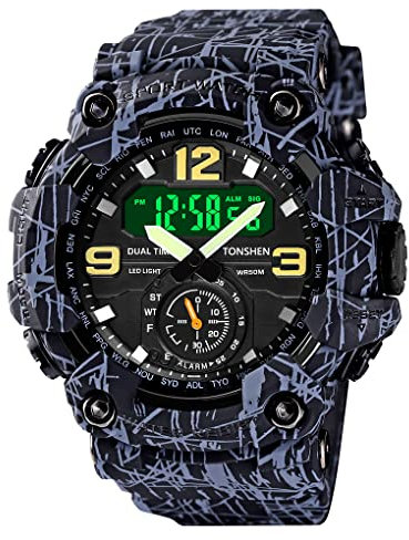 TONSHEN Herren Uhr Digitaluhr Sportuhr Analog Quarz LED Elektronik DREI Zeit 50M Wasserdicht Outdoor Militär Uhren Alarm Datum Stoppuhr Plastik Armbanduhr (Grau)