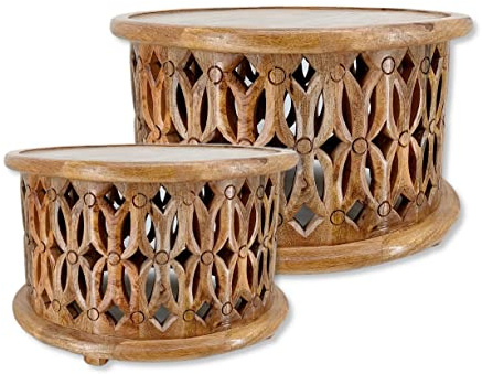 DARO DEKO Holz Couchtisch rund natürlich braun Couch Beistelltisch Vintage Sofatisch 2er Set - Ø50cm und Ø60cm