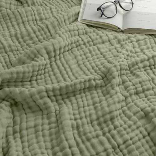 Musselin-Decke für Erwachsene, extra großer Überwurf, 127 x 152 cm, 6-lagig, kühlende Baumwolle, weich, atmungsaktiv, warm, Überwurf für Schlafzimmer, Wohnzimmer, Couch (Salbei-Überwurf – Musselin)
