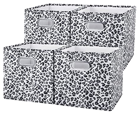 ANMINY 4-teiliges Aufbewahrungswürfel-Set, Leopardenmuster, Samtstoff, Aufbewahrungsboxen, Körbe mit Griffen, PP-Kunststoffplatte, Behälter für Zuhause im Büro – schwarz-weiß, 27.9x27.9x27.9 cm