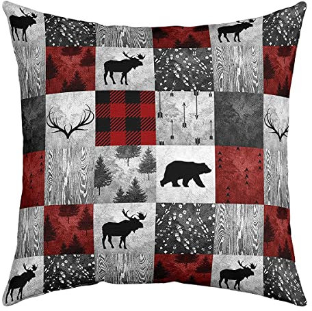 Buffalo Karo Kissenbezug 60 x 60 cm Bär Elch Geweih Hirsch Wildtier Kissenbezug für Stühle Im Freien Retro Kissenbezug Roter Weihnachts Kissenbezug Dekorativer Quadratischer Kissenbezug Aus Holz