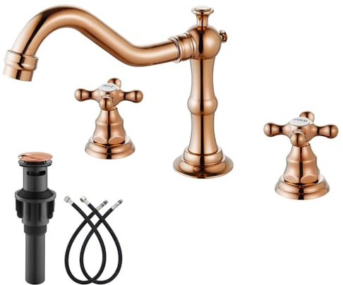 gotonovo Badezimmer-Wasserhahn, 3 Löcher, 20,3 cm, breite Waschbeckenarmatur, 2 Kreuzgriffe, Vintage-WC-Waschtischarmatur mit Pop-Up-Ablauf, Heiß-Kalt-Etikett, Roségold