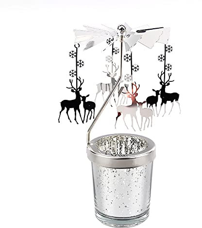 Windlicht Teelichtkarussel aus Glas Teelichthalter,Silber Karussell Teelichter Kerzenhalter,Motiv Zwei kleine Hirsche Windlichter Teelicht Kerzen Halter Geschenk Dekoration für Hochzeit,Weihnachten