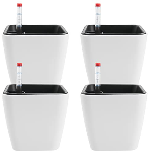 ZEONHEI 4 Stück 14cm Plastik Selbstbewässerung Blumentopfe mit Wasseranzeiger, Weiß Selbstbewässerungstopf Selbstbewässernder Kräutertopf mit Bewässerungssystem für Innen und Außenbereich