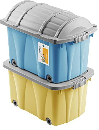 Piraten Spielzeugkisten SET - 2x Schatzkiste 49l mit Rollen - Spielzeugbehälter Aufbewahrungsbox für Kinder Ordnungsbox, Blau/Gelb