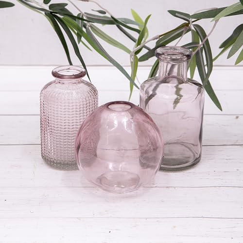 Set of 3 Pink Vintage Glass Ribbed Bottle Flower Display Bud Vases