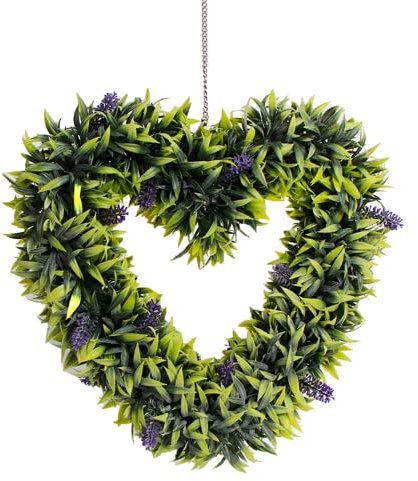 Swan Household ® Garden Hanging Decoration Artificial Hanging Lavender Heart Shape Topiary Wreath, 45cm in Diameter, 30cm Length Chain