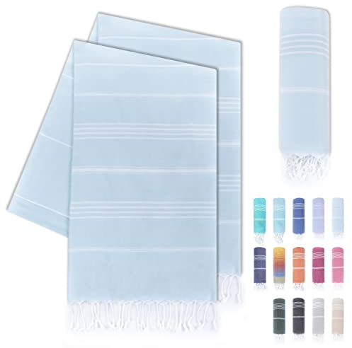 LAYNENBURG 2er-Set Premium Hamamtuch mit handgeknüpften Fransen - 100% Baumwolle - XXL Strandtuch 100x200 cm - Oeko-TEX 100 - Strandhandtuch groß - Saunatuch & Reisehandtuch (Helltürkis)
