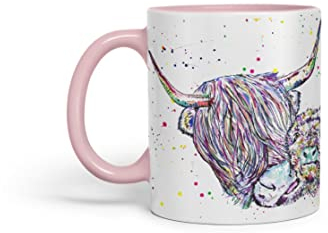 Vixar Tasse colorée en forme de vache des Highlands avec mollet - Motif animaux de la ferme - Cadeau d'anniversaire, de travail, de bureau, de thé, de café (rose)