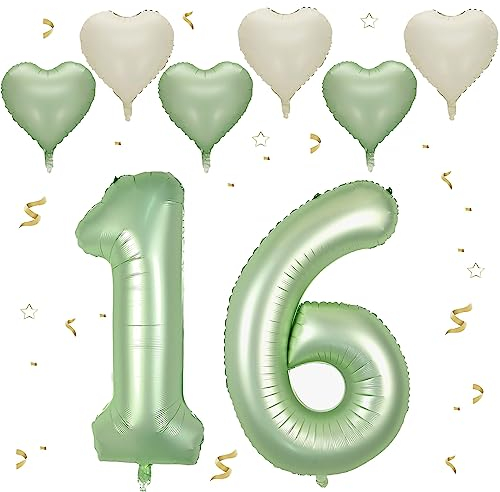 VUCDXOP Avocado Grün Luftballon 16, XXL Riesige Geburtstag Ballon 16, 40 - 101cm Ballon Zahl Deko Folienballon Zahlen 1 & 6, Geburtstagsdeko Jubiläum Party Deko, Fliegt mit Helium (Nummer 16/61)