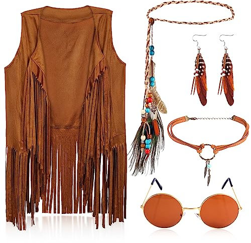 TOYMIS 5 Pezzi Set di Costumi Hippie Anni '60 e '70 per Donna Occhiali da Sole Collana Orecchini Cerchietto Intrecciato con Piume Gilet Nappa Set di Accessori Hippie Costume (M)