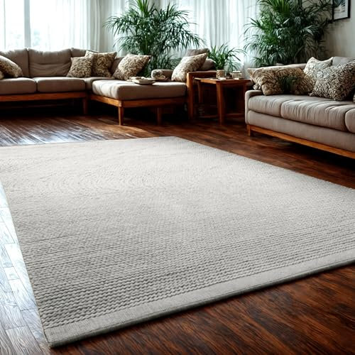 MY-RUG Handgemachter Wollteppich aus gewalkter Schurwolle, weicher Handweb-Teppich, Natur Wohnzimmerteppich, Wendeteppich, robust & pflegeleicht, WoolHeaven, weiß, quadratisch 200 x 200 cm