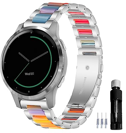 Gheper Correa de reloj de acero inoxidable de resina general de 18mm Compatible con Garmin Vivoactive 4S/Vivomove 3S 39mm/Venu 2S/Forerunner 255S Music Smartwatch correa de metal de repuesto