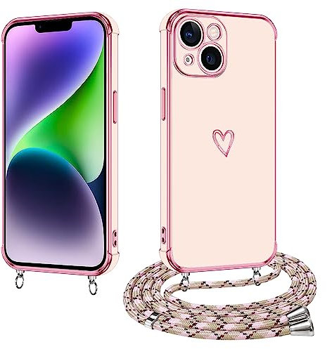 E-Lush Handyhülle für iPhone 14 Hülle mit Band, Herz Love Muster Galvanik Silikon Handy Hülle für iPhone 14 6.1 Zoll Schutzhülle mit Kordel zum Umhängen Kameraschutz Stoßfeste Case, Roségold
