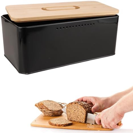 AKOLAFE Panera con tapa, 33 x 21 x 15 cm, con tapa de bambú, panera negra de metal, duradera para frescura duradera, alimentos, pan