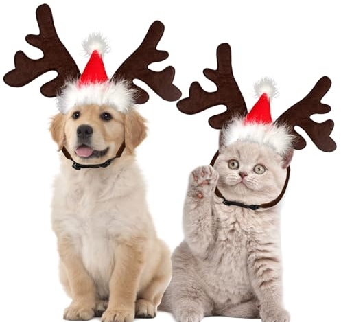 Haustier Stirnband Weihnachten Rentier, Katze Hund Weihnachten Stirnband mit Weihnachtsmütze Rentier Geweih Haarreifen, Verstellbare Stirnband für Haustier Hund Katze