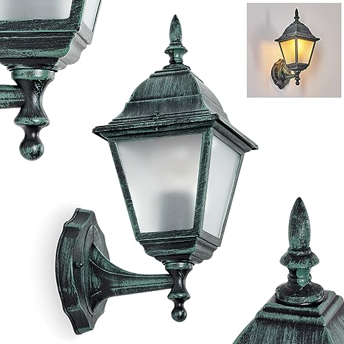 Außenwandleuchte Naofe, Wandlampe aufwärts in antikem Look aus Metall/Glas in Schwarz-Grün/Milchglas, Wandleuchte im klassischen Landhaus-Stil, Außenleuchte für Terrasse, E27, ohne Leuchtmittel, IP44