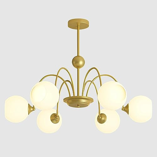 KCO Lighting Gold White Globe Flush Mount Kronleuchter 6-flammig Moderne Küche Insel Anhänger Leuchte Mitte Jahrhundert Milch Glas Kugel Kronleuchter Gebürstetes Messing Sputnik Kronleuchter