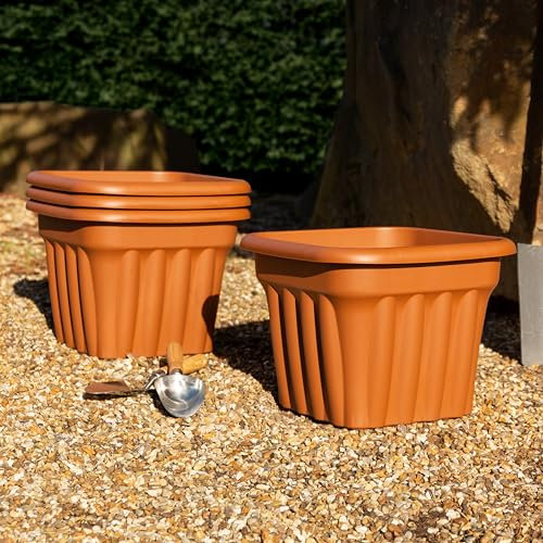 Wham 4x 40cm Vista Plastic Planter, Square Garden Plant Pot, Medium Floor Pot (40cm, 25L, Pack of 4) Indoor/Outdoor, Made in UK (Terracotta)