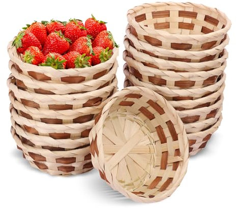 Lot de 20 paniers à pain ronds en bambou de 16,5 cm, paniers cadeaux tissés pour fruits, paniers de service alimentaire, panier de rangement alimentaire pour cuisine, restaurant, décoration et plus