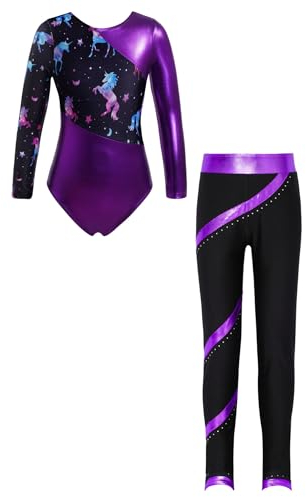 Alvivi Kinder Mädchen Turnanzug Gymnastikanzug Ballettanzug Langarm Glänzend Tanzbody mit Leggings Tight Hose Sport Training Wettkampf D Lila 134-140