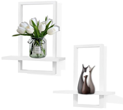 PHOENANCEE Eichenrahmen, Schweberegale für Wand, quadratisches Lagerregal für Wohnzimmer, Schlafzimmer, L+S, 2er-Set, Weiß