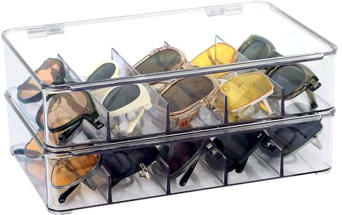 FORUP Sunglasses Organizer, Plastic Stackable Eyeglass Case Storage Organizer, Sunglass Glasses Storage Box with Hinged Lid, 5 Sections, 2 Pack, Clear