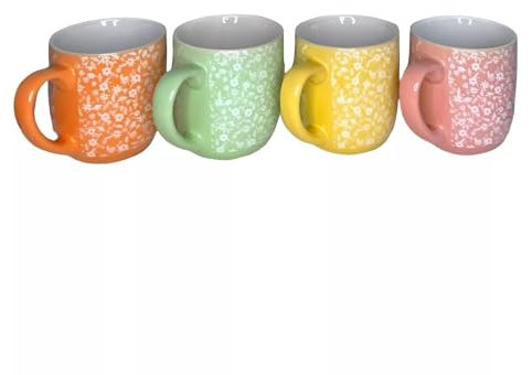 Dylex Multicoloured Set of 4 Coffee, Tea Mugs Floral Cup Set Stoneware Mugs Set 400ml