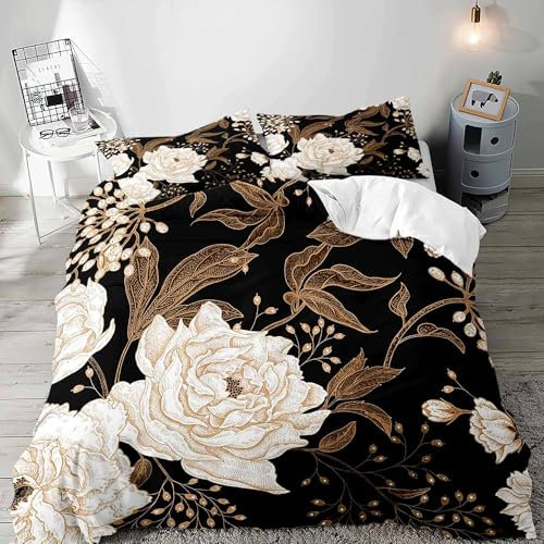 LUVIVIHOME 3PCS Luxury Gold White Floral Duvet Cover King Bedding Set, Boho Aesthetic Vintage Retro Rustic Farmhouse Botanical Leaves Blossom Peony Rose Flower Black Comforter Cover, 2 Pillow Cases