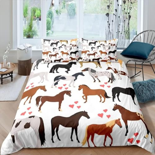EXSANLIEAY Mustang Bettwäsche 200x220 - Karikatur Wendebettwäsche, Weiche & Atmungsaktiv Microfaser Bettbezug + 2 Kissenbezug 80x80, Angenehme bettwäsche-Sets, 3 Teiligmit Reißverschluss