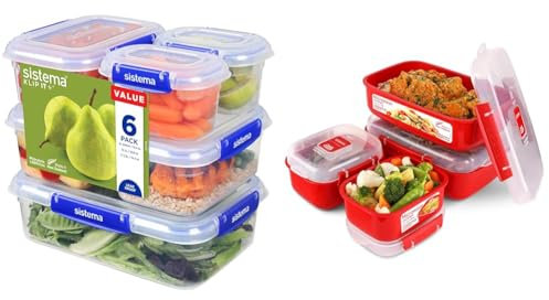 Sistema KLIP IT PLUS Food Storage Containers | 6 Piece Airtight Containers Set & Heat and Eat Microwave Set | 4 Rectangular Food Containers with Lids (2x 1.25L + 2x 525ml)