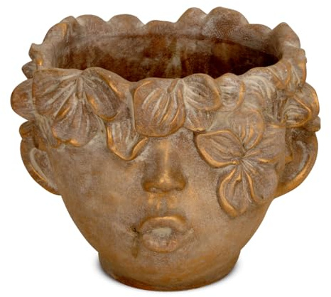 Hübscher Blumentopf Kopf mit Gesicht und Blumen-Krone braun gold - 20 x 17,5 cm Zement Pflanzkopf als Zimmerpflanzen Tisch-Deko - Pflanzentopf für die Haustür als Hauseingang Flur-Deko