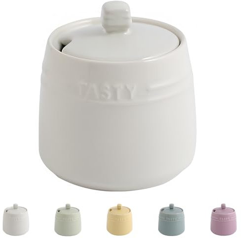 Dowbom Zuckerdose mit Deckel und Löffel, 14 OZ, Keramik, Weiß