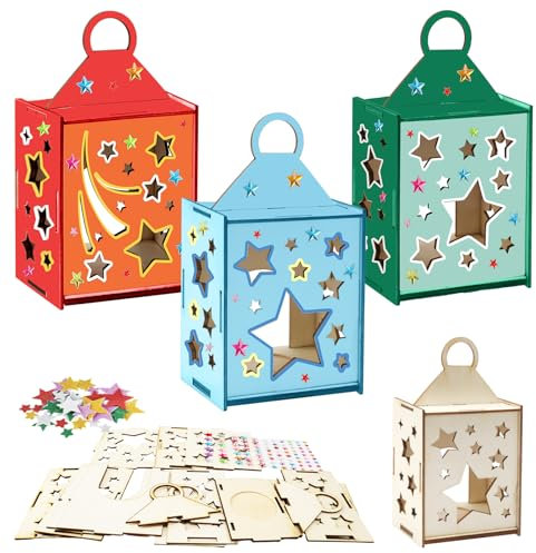 MONCAP 3 Stück Stern Basteln Kinder Holz Stern Laterne Bastelset Stern Teelichthalter zum Bemalen Holz Kreativset für Jungen Mädchen Kindergeburtstag Party Geschenk Kreativ DIY