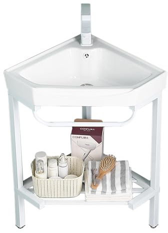 Ensemble de lavabos d'angle et de meuble-lavabo pour salle de bain, évier en céramique avec support en acier inoxydable, évier utilitaire autoportant, armoire avec miroir, robinet, accessoires, pour s