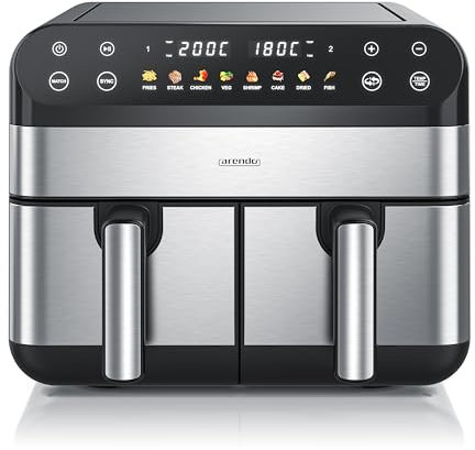 Arendo - Dual Zone Heißluftfritteuse 9L mit 2 Kammern - XXL Kapazität 2 Fächer – Airfryer Backofen - 8 Programme – Touchscreen - 3D Umluftsystem - Antihaftbeschichtung - spülmaschinenfeste Körbe