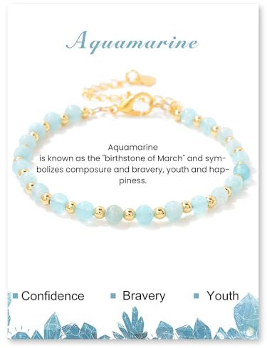 Uwiyo Naturstein Armband für Damen, 4mm Perlenarmband Vergoldete Kugelarmband Verstellbare Edelstein Armband Perlen Armbänder für Fraun Mädchen für Geburtstag Muttertag Weihnachten (Aquamarin)