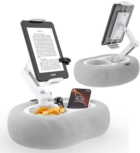 TRYONE für iPad Kissen Halter eReader Ständer mit 2 Abnehmbaren Tabletts & Plüschkissen, 360° Verstellbarer Tablet Halterung im Bett Tisch für Kindle/iPad/Ebook/Handy, Alle von 4.7-16.1 Zoll (Grau)
