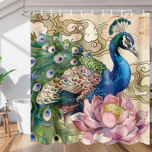 Mexpekil Rideau de douche avec crochets, beau paon de style chinois, rideau de douche imperméable en polyester 122 x 183 cm, lavable en machine, idéal pour baignoire, salle de bain, décoration