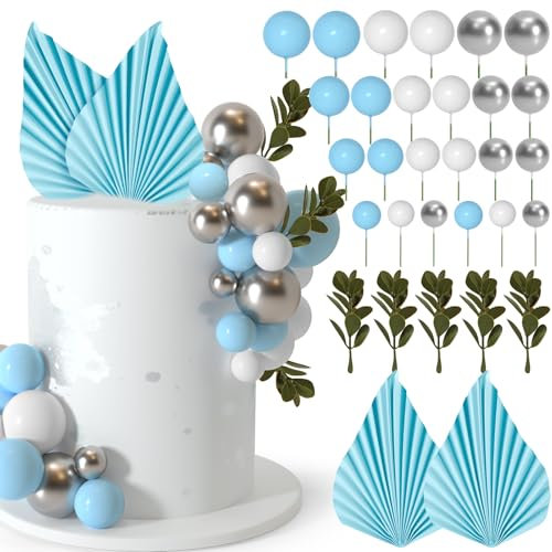 NEBURORA 64 Pcs Balls Cake Toppers and Leaves Decoration Set Mini Balloons for Cake Decorating Supplies Balls Cake decorations for Baby Shower Cake Toppers Birthday Cake Decorations(Blue Silver)
