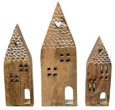 Holz Deko-Haus 3er Set braun 22, 25,5 und 32cm mit Herz Tischdeko Landhaus Dekofigur Winter