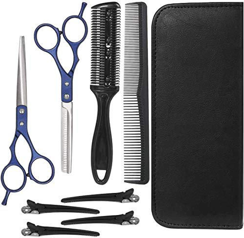 HGHERSJTW 8 in 1 Friseurscheren-Set, Professionelle Edelstahlschere Friseurschere Effilierschere Kamm Haarschneidemaschine, Blau