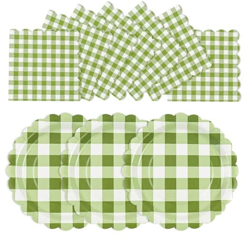 50PCS Sage Green Scalloped Paper Plates and Napkins Set,25x7inch Paper Plates & 25x6.5inch Napkins Disposable Party for Birthday Baby Shower Party Supplies